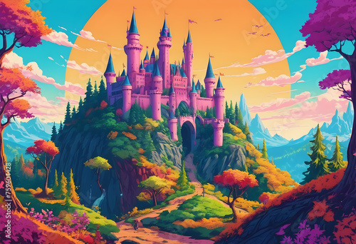 A fantasy landscape featuring a majestic castle on a hill, surrounded by a magical forest, Princess Castle Magic Pink Castle in the clouds Fairy City Illustration 