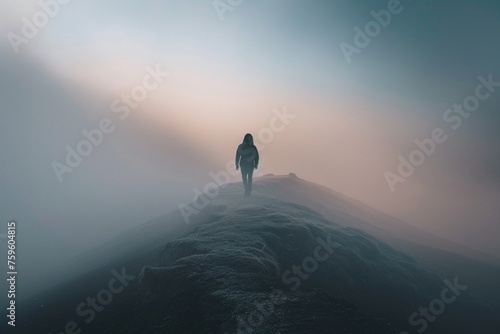 a person walking on a hill in the fog © Haseeb