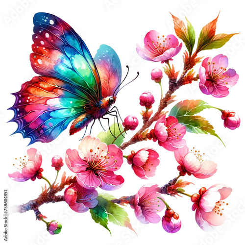 butterfly and cherry flowers watercolor clipart on transparent background