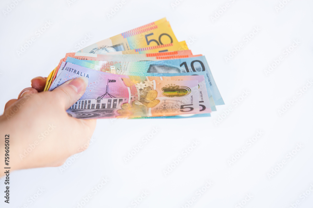Australian money in bank notes, cash on white Australian money in bank notes, cash on white