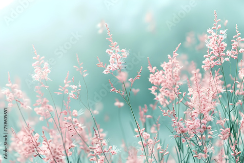 Blossoming grass with a gentle breeze against a misty morning sky, creating a calm and serene atmosphere in nature during spring.