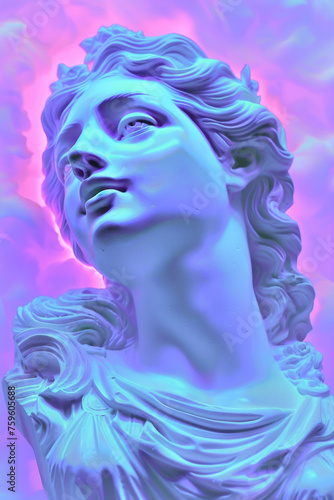 Contemporary art with antique statue in a vaporwave neon style.