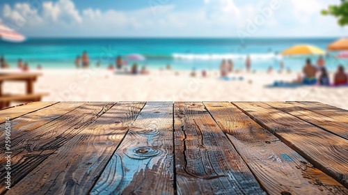Wood table top on blurred beach background with people in colorful  © CLOVER BACKGROUND