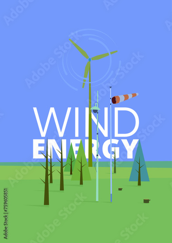 Ecology and environment poster and banner for print. Wind enegry vector illustration.