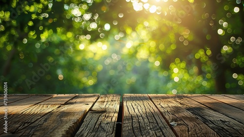 Wood table top on blurred green background