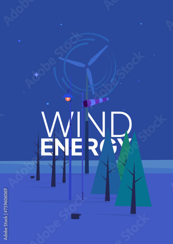 Ecology and environment poster and banner for print. Wind enegry vector illustration.
