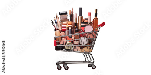 Shopping cart full with makeup cosmetics with accessories 
