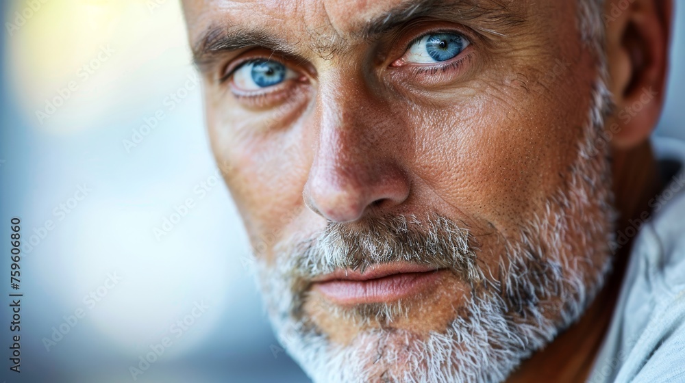 An intense close-up of a middle-aged man with blue eyes and silver beard, deep in thought