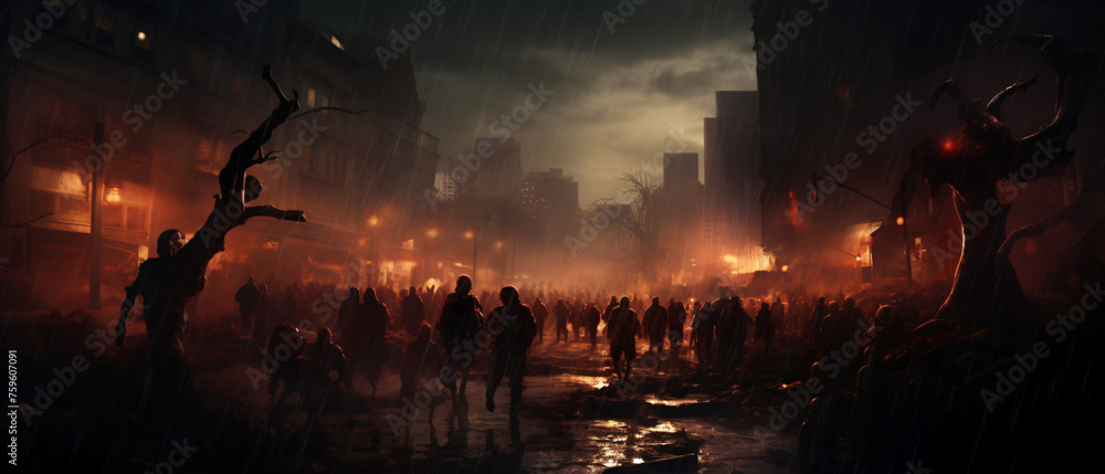 Halloween concept of zombie crowd walking at night ..