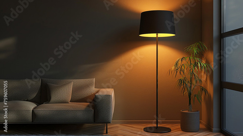 Sleek floor lamp casting a warm glow in the living room isolated on transparent background. photo