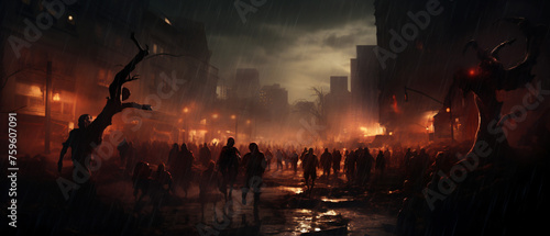 Halloween concept of zombie crowd walking at night .. #759607091