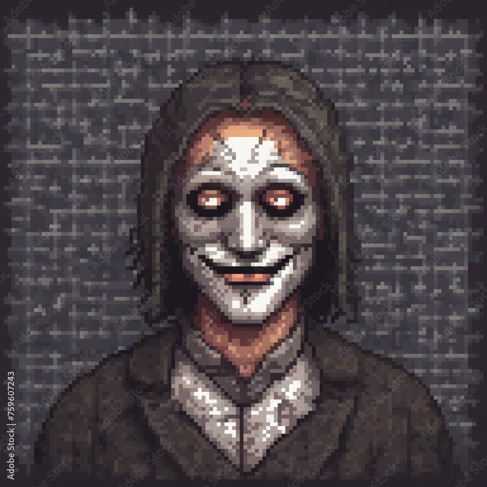 pixel art of a man in a mask with a puzzle on his face, in the style of