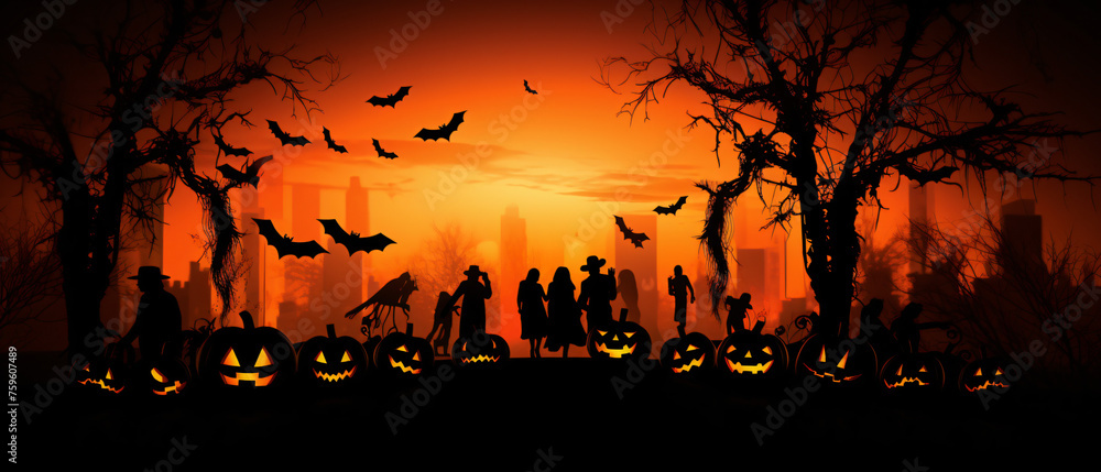 Halloween party with silhouette pumpkin bat background