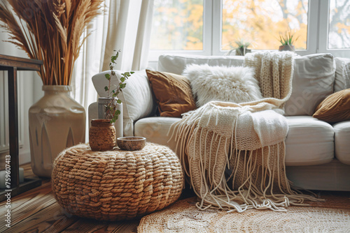 Simple cozy livingroom interior design, hygge boho style