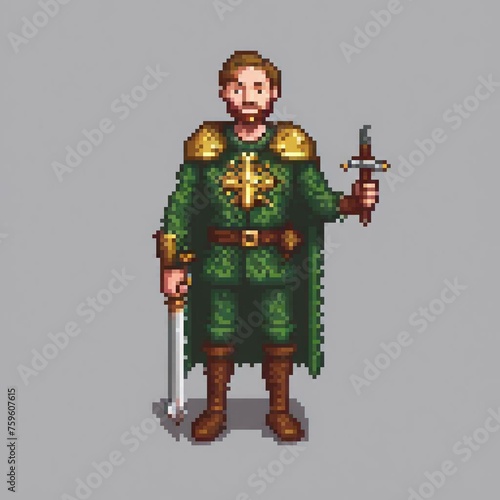 pixel art of a man wearing a green nobel shirt that is slightly unbuttoned with a gold emblem of a sword and sheild, medieval, fantasy