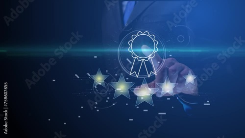 The businessman points to the winner's badge with five stars under it. Star status. Highest rating. Victory. Cg footage