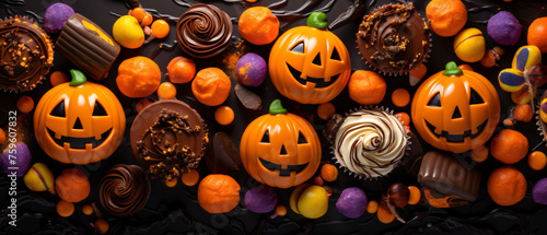 Halloween sweets on colored background close up ..