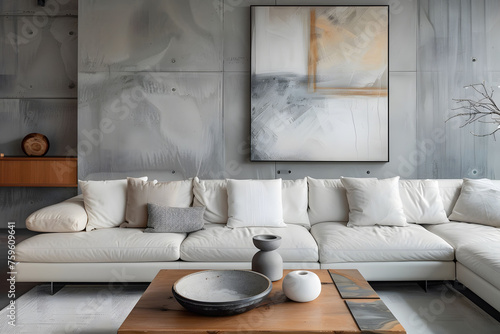 A modern living room with concrete walls  a white leather sofa  a wooden coffee table  and an abstract painting on the wall above it. Contemporary furniture and soft lighting.