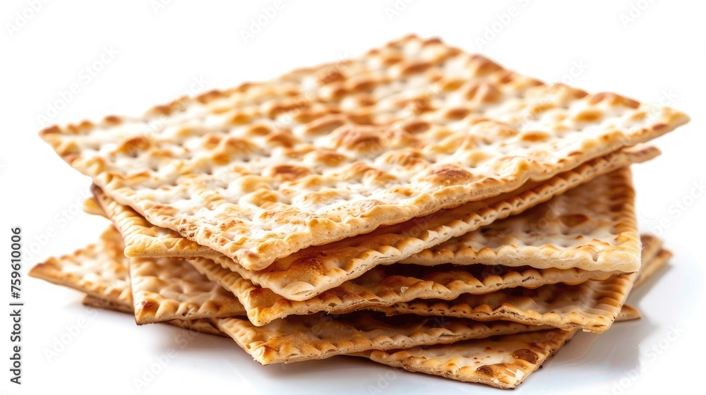 A fresh pile of matzah, symbolizing the unleavened bread eaten during the Jewish holiday of Passover, isolated on a pristine white background, perfect for Passover preparations A fresh pile of matzah, symbolizing the unleavened bread eaten during the Jewish holiday of Passover, isolated on a pristine white background, perfect for Passover preparations