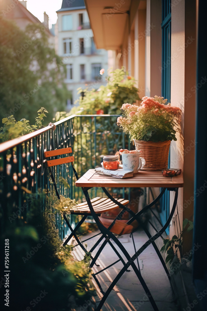Small city apartment balcony with patio furniture and flowering potted plants.