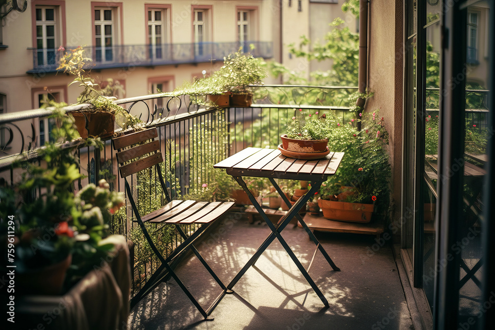 Cozy city apartment balcony with patio furniture and flowering potted plants.