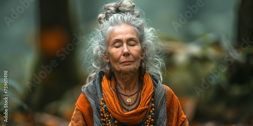 senior woman meditating in the park outdoor. old female, mature lady practicing yoga in the forest