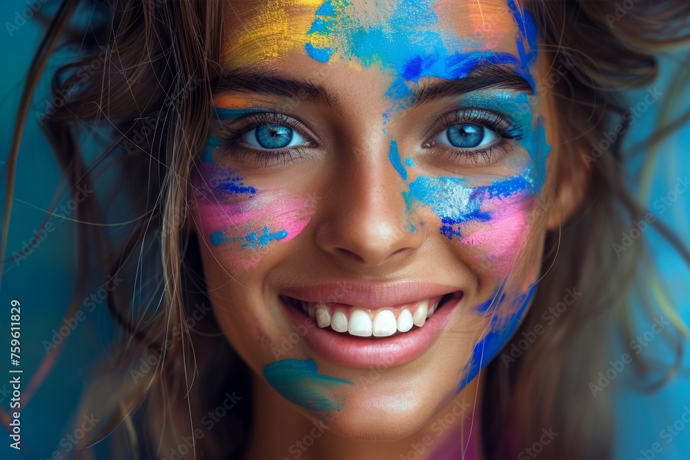 close-up of a young woman's face covered with bright Holi colors, vibrant blue eyes and joyful expression. close-up of a young woman's face covered with bright Holi colors, vibrant blue eyes and joyful expression.