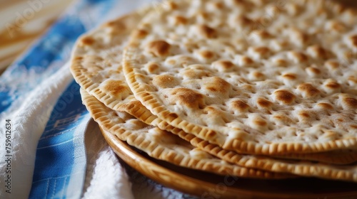A close-up of a round, hand-made matzah, a traditional Jewish food eaten during the Passover holiday, symbolizing cultural heritage and religious observance