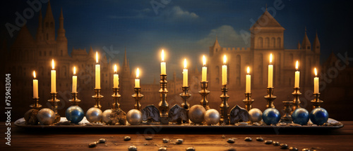Image of jewish holiday Hanukkah with menorah .. photo
