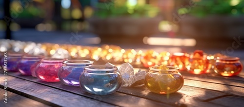 Burning candles and stones on table in spa salon, closeup