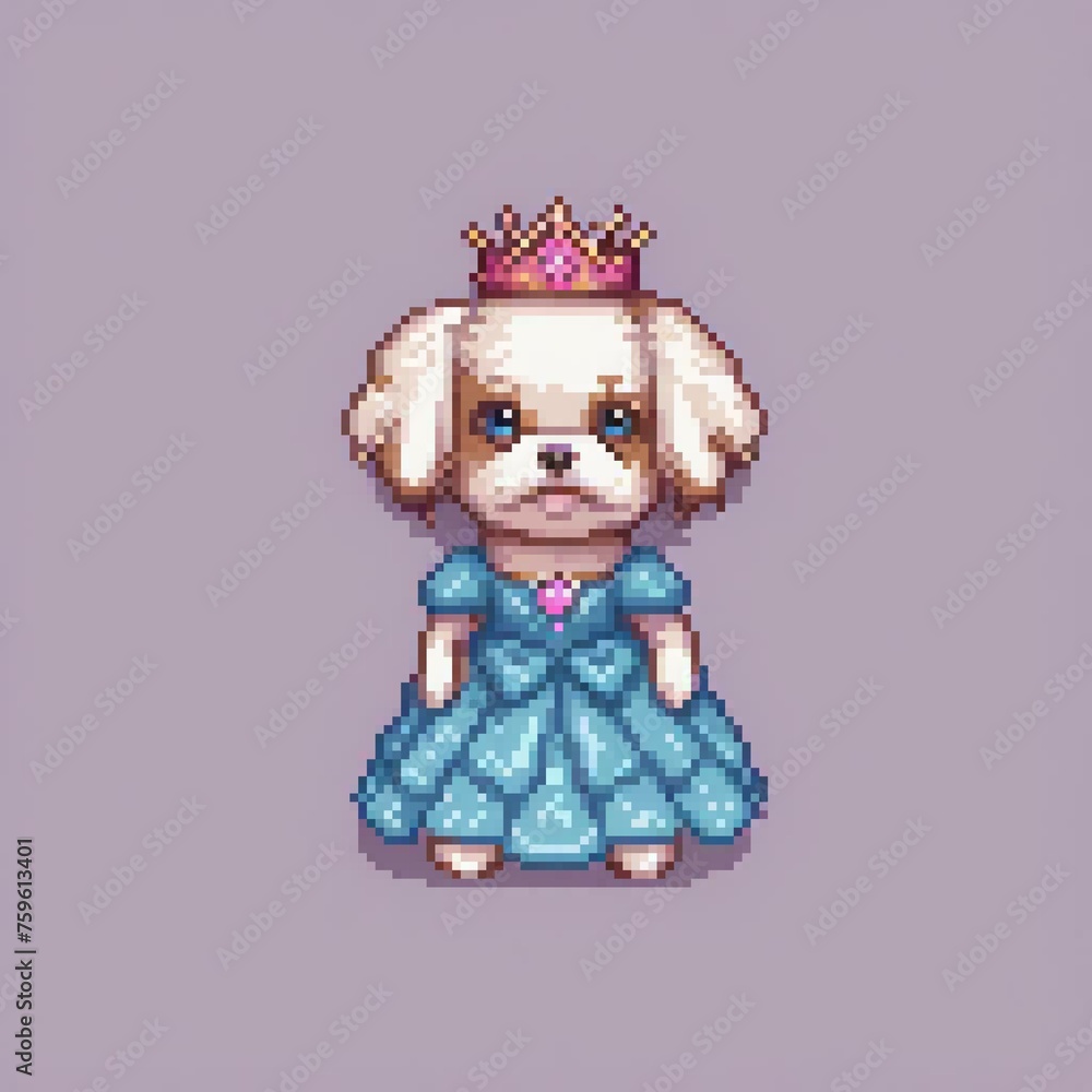 pixel art of A malteseDog wearing a princess dress and a hair clip, Realistic Style, 8k,