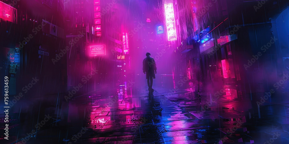 Urban Nightlife A Man Standing in the Middle of a NeonLit City Street at Night