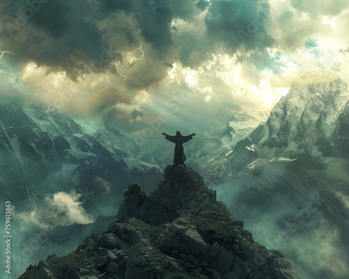 A fanatical zealot standing on a mountain peak, arms outstretched to the sky as a storm brews in the background photo