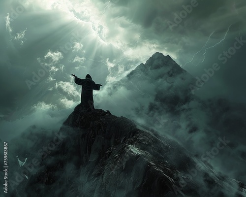 A fanatical zealot standing on a mountain peak, arms outstretched to the sky as a storm brews in the background photo