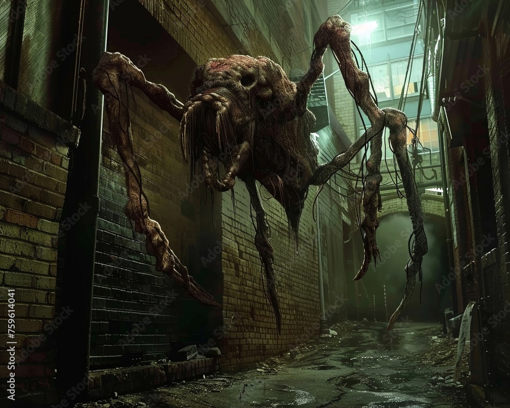 An aberration of nature, a bizarre creature with mismatched limbs and unsettling features, lurking in a dimly lit alleyway - obrazy, fototapety, plakaty 