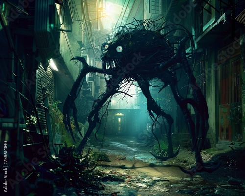 An aberration of nature, a bizarre creature with mismatched limbs and unsettling features, lurking in a dimly lit alleyway photo