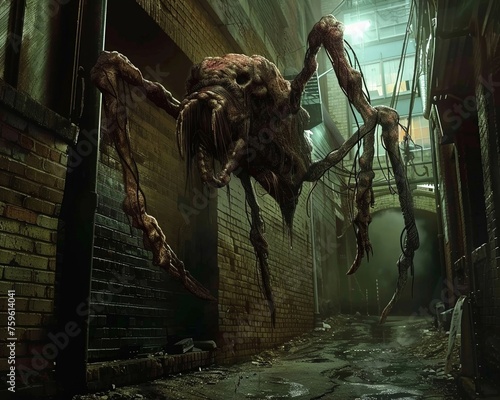 An aberration of nature, a bizarre creature with mismatched limbs and unsettling features, lurking in a dimly lit alleyway photo