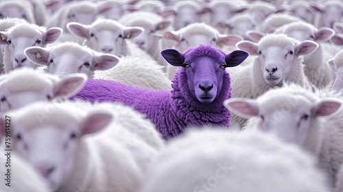 Purple sheep surrounded by white sheep in a field of white sheep, all looking at the camera. Generated AI.