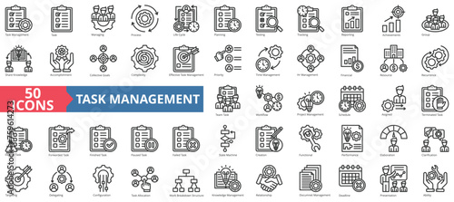 Task management icon collection set. Containing task, managing, process, life cycle, planning, testing, tracking icon. Simple line vector