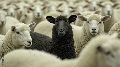 Many white lambs surround a black sheep. Generated AI.