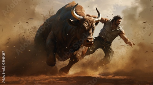 Amidst cheers and applause, the cowboy wrestles with the mighty bull, a clash of strength and determination.