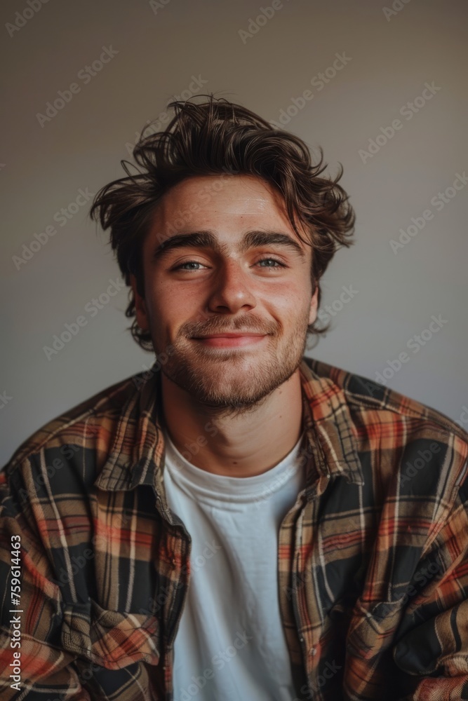 Obraz premium Handsome smiling, happy and pleased stoic man with positive vibes. Portrait of a joyful young man with beautiful hair and fashionable clothes.