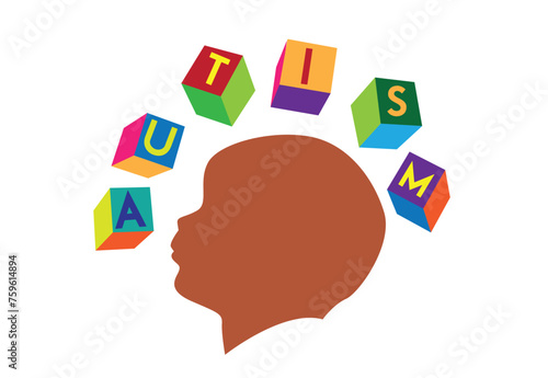 Child's head surrounded with Autism text on colored cubes concept. editable Clip Art.