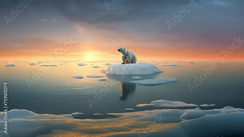 A polar bear climbed onto a melting snow flow. Polar Bear on ice flow. Ursus maritimus. Baffin Bay, Nunavut, Canada, North America, Greenland. Global warming, Climate change concept photo
