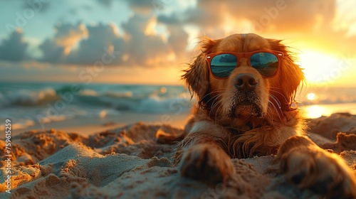 A cute dog in sunglasses rests on the beach, against the backdrop of the sea and the sun.