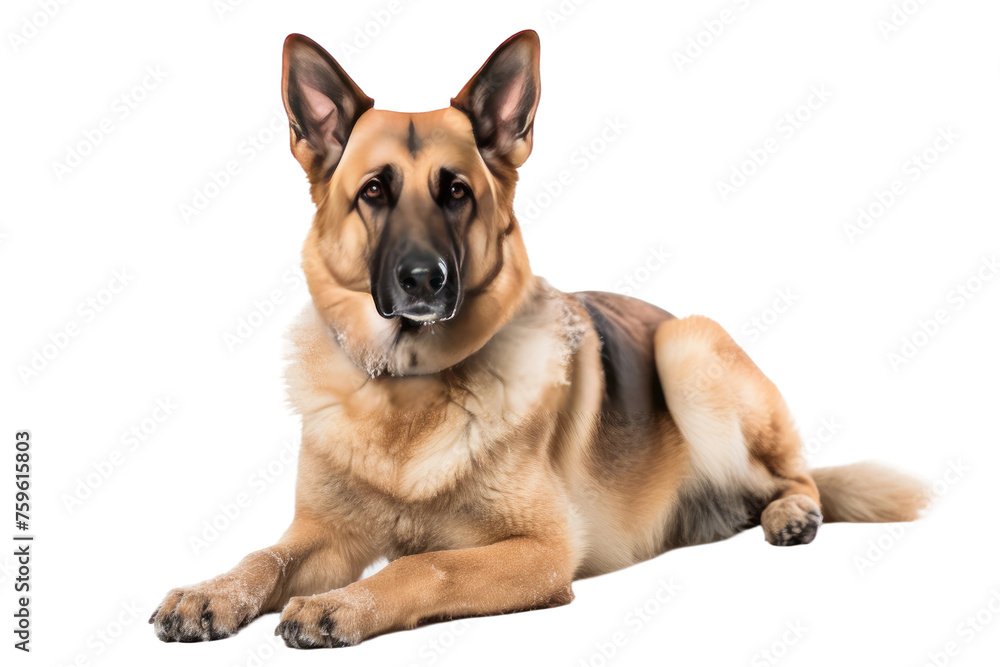 German Shepherd Dog Laying Down on White Background. on a White or Clear Surface PNG Transparent Background.