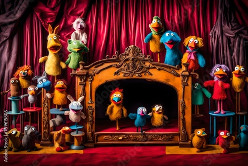 A puppet theater stage with a collection of colorful hand puppets and a vibrant backdrop. photo