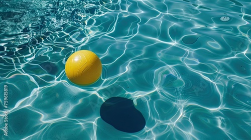 A vibrant yellow ball floats serenely atop a shimmering blue pool, inviting viewers to enjoy a refreshing dip and poolside leisure under the summer sun © pvl0707