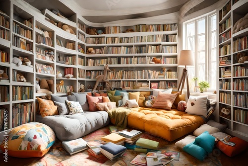 A cozy reading nook with oversized floor pillows, surrounded by shelves of picture books and stuffed animals.