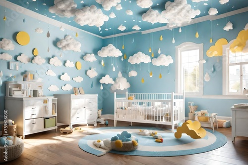 A room with a playful cloud-themed ceiling, complete with raindrop mobiles and sunshine wall decals. photo